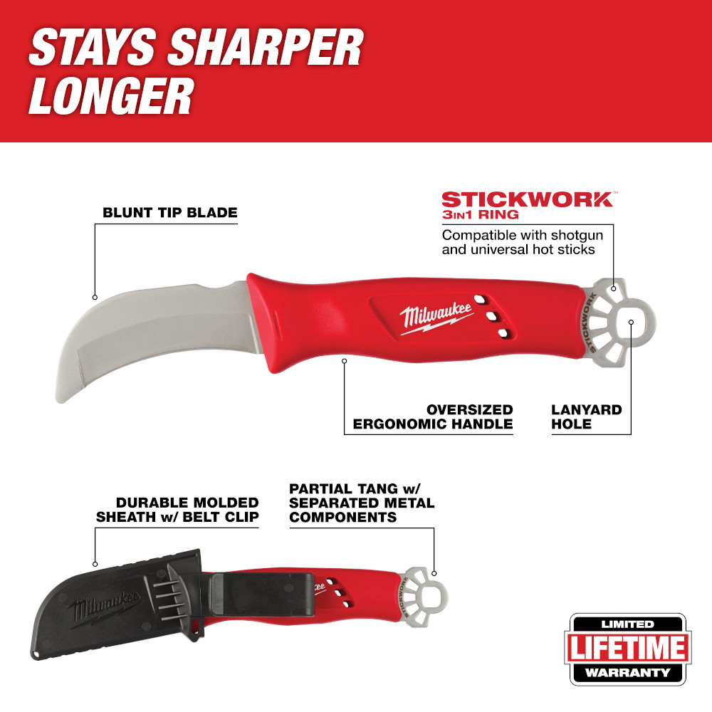 LINEMAN's Blunt Tip HAWKBILL Knife W STICKWORK Three-in-One Ring