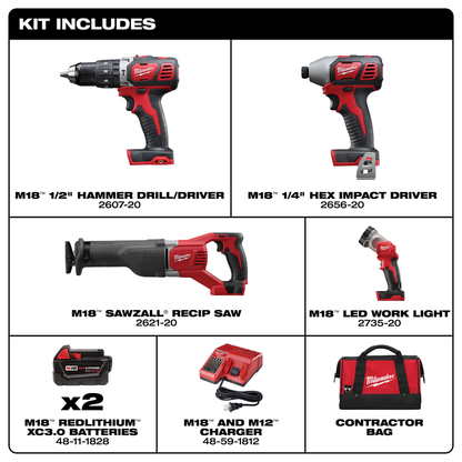M18 4-Tool 1/2" Hammer Drill / Driver 1/4" Impact Driver Sawzall Reciprocating Saw Work light Combination Kit