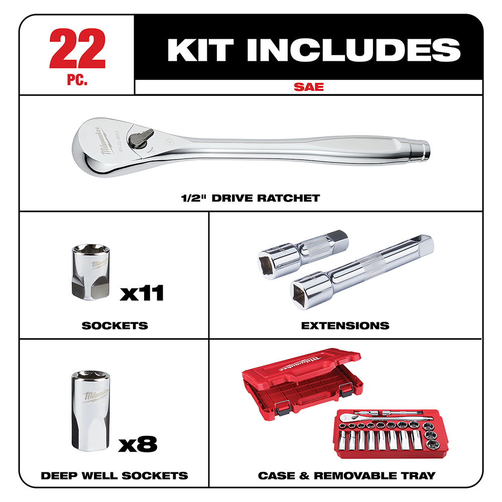 22PC 1/2" Drive SAE Ratchet & Socket Mechanics Tool Set
